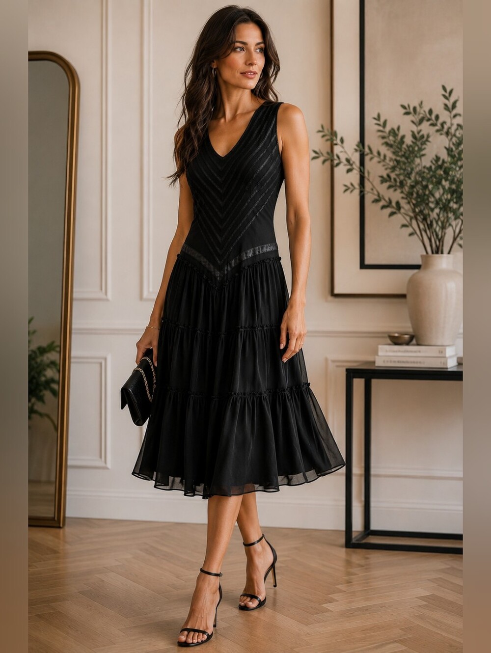 Strenesse Gabrielle Strehle Black Tiered Midi Dress Size 36 V-Neck Designer Luxu
